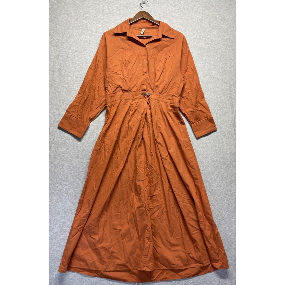 Ethnic Long Shirt Dress Womens L Burnt Orange Cotton Cinched Waist Cuffed Sleeve